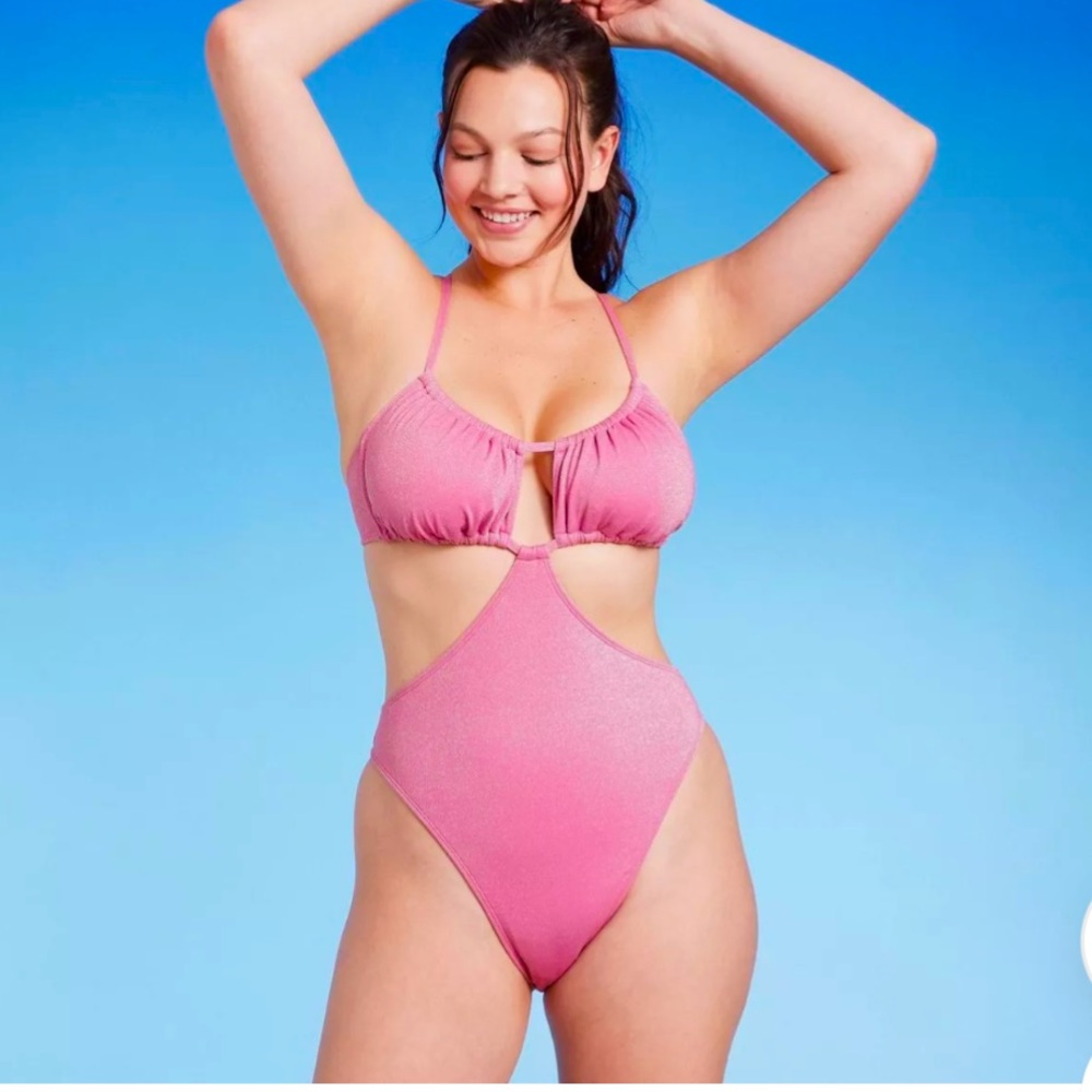 Wild Fable Womens Cut Out One Piece Swimsuit Pink Lurex